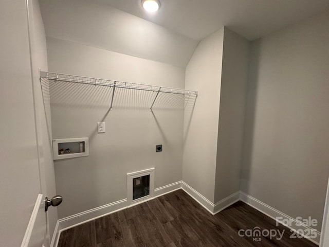 clothes washing area with hookup for an electric dryer, hookup for a washing machine, and dark wood-type flooring