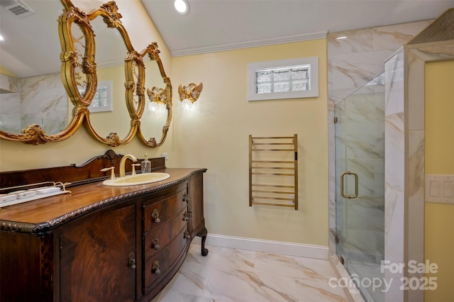 bathroom featuring an enclosed shower, vanity, crown molding, and radiator heating unit