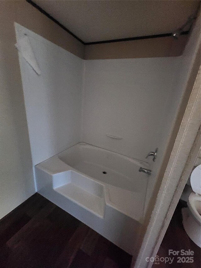 bathroom with wood-type flooring and toilet