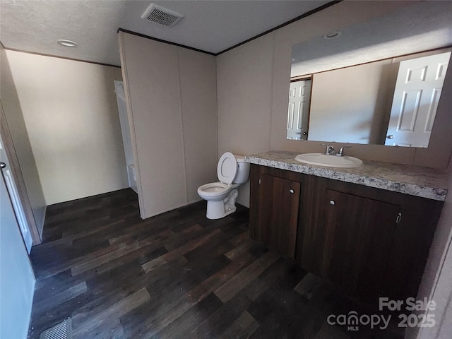 bathroom featuring wood-type flooring, vanity, a textured ceiling, and toilet