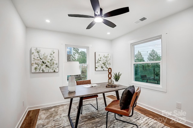 office featuring ceiling fan and hardwood / wood-style flooring