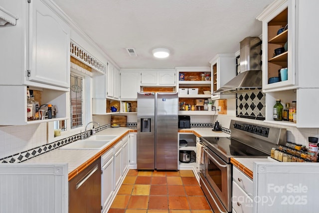 kitchen featuring wall chimney exhaust hood, sink, white cabinetry, appliances with stainless steel finishes, and decorative backsplash