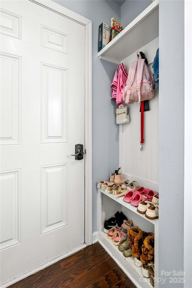 mudroom featuring dark hardwood / wood-style floors