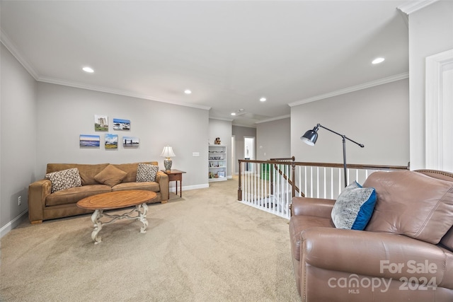 living room featuring crown molding and light carpet