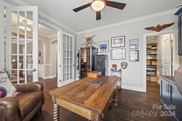 office space with french doors, dark hardwood / wood-style floors, and ceiling fan