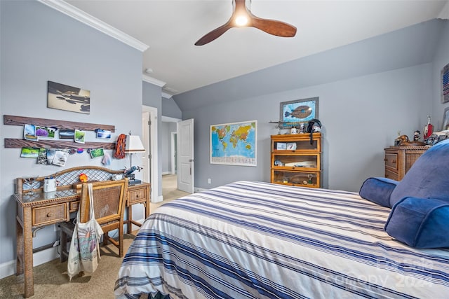 bedroom featuring light carpet, ceiling fan, and crown molding