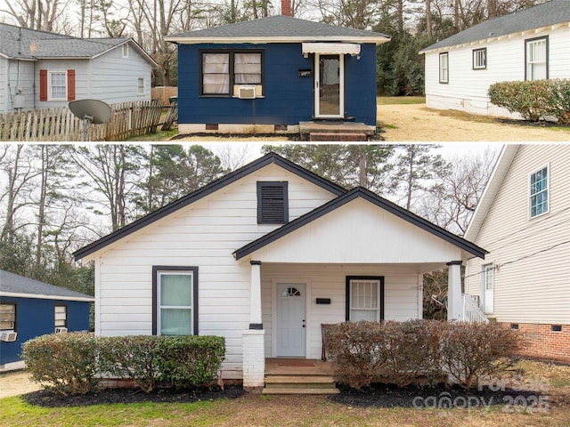 bungalow with a porch and a chimney