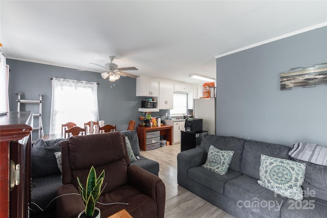 living area with crown molding, plenty of natural light, and light wood finished floors