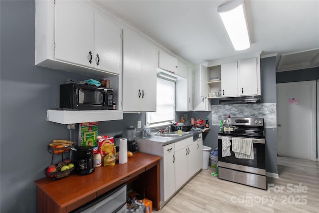 kitchen featuring stainless steel range with electric stovetop, black microwave, white cabinets, and under cabinet range hood