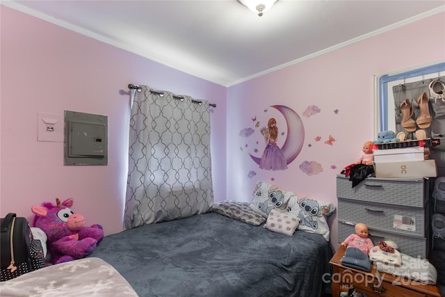 bedroom with electric panel and crown molding