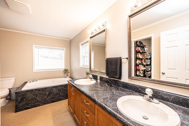 bathroom with vanity, toilet, and crown molding