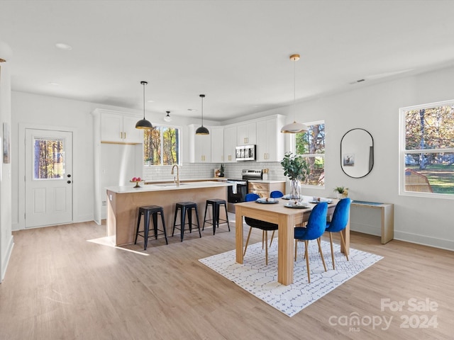 dining space with light hardwood / wood-style flooring and sink