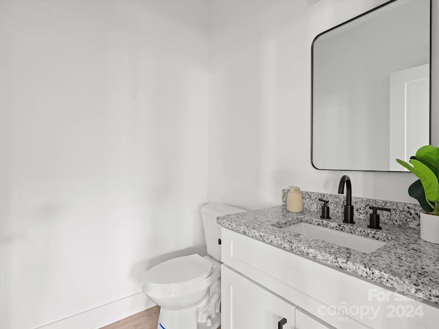 bathroom with vanity, toilet, and wood-type flooring