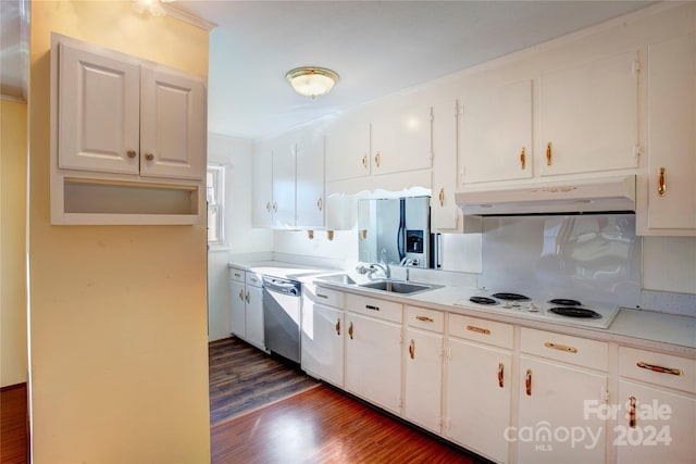 kitchen featuring dark hardwood / wood-style flooring, white cabinetry, sink, and appliances with stainless steel finishes