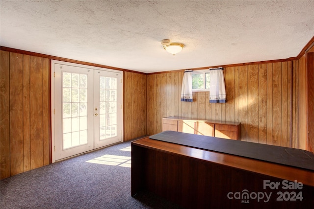 unfurnished office featuring carpet, wood walls, and french doors