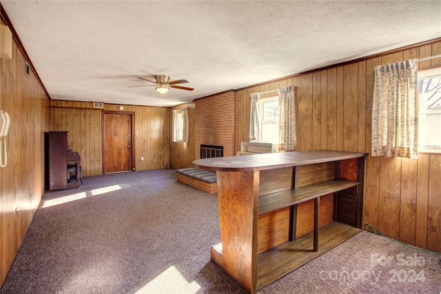 interior space with carpet, ceiling fan, wood walls, and a textured ceiling