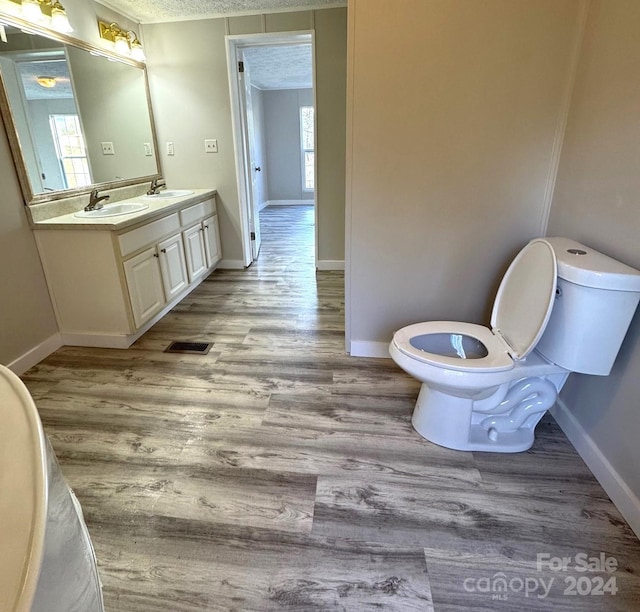 bathroom featuring vanity, toilet, wood-type flooring, and a textured ceiling