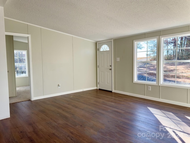 entryway with crown molding, a healthy amount of sunlight, dark hardwood / wood-style flooring, and a textured ceiling