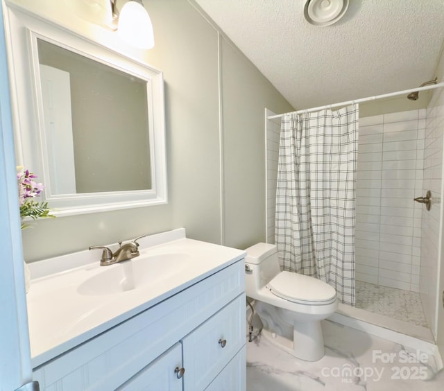 bathroom with vanity, a shower with curtain, toilet, and a textured ceiling