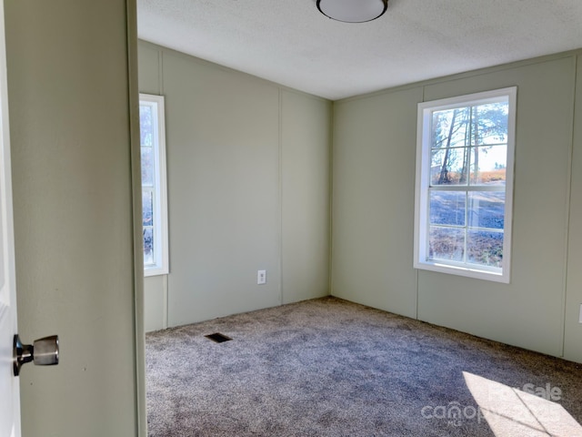 carpeted empty room featuring a textured ceiling