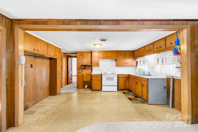 kitchen featuring white range with electric cooktop, wooden walls, and sink