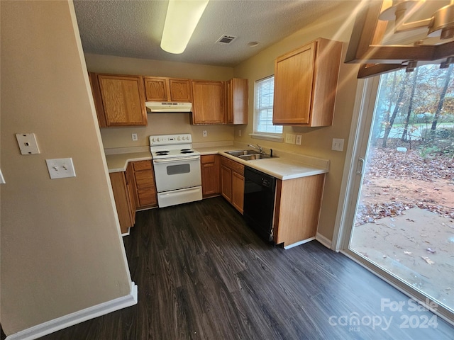 kitchen with dark hardwood / wood-style flooring, white electric range oven, a textured ceiling, sink, and black dishwasher