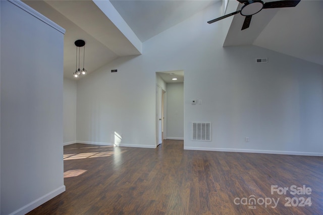 2515 Dion Ave, Charlotte, NC 28212 - unfurnished living room featuring ceiling fan, wood finished floors, and high vaulted ceiling