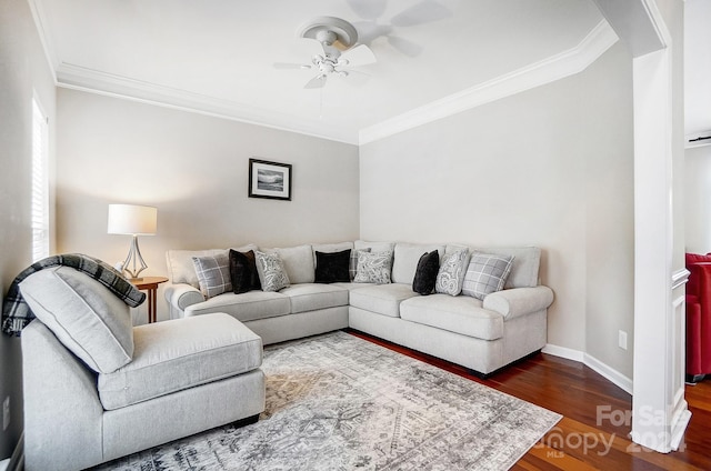 living room with ceiling fan, hardwood / wood-style floors, and ornamental molding