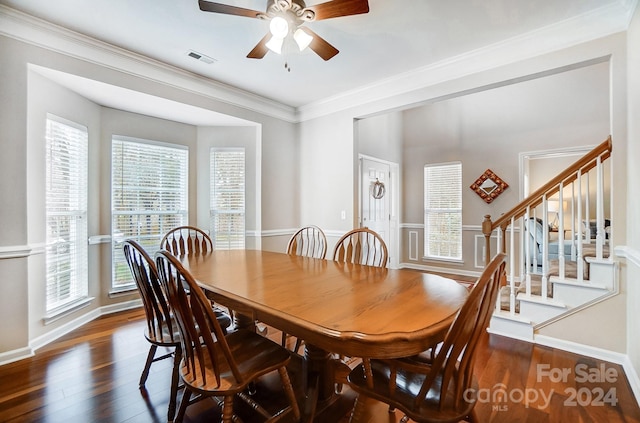 dining room with crown molding, ceiling fan, and dark wood-type flooring