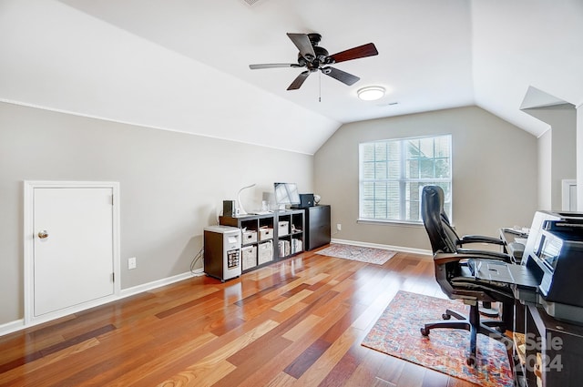 office area with hardwood / wood-style flooring, ceiling fan, and lofted ceiling