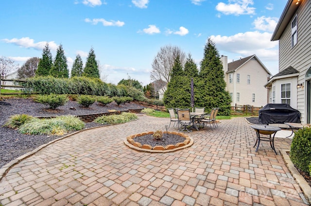 view of patio / terrace with a fire pit and grilling area