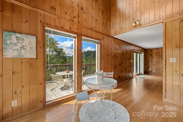 doorway to outside featuring wood walls and light hardwood / wood-style flooring