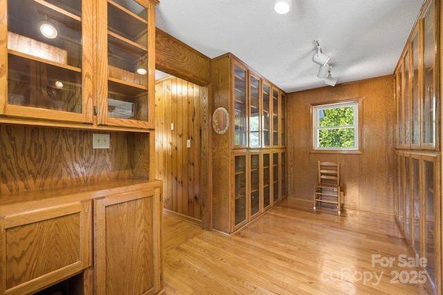 wine cellar with light wood-type flooring, a textured ceiling, wooden walls, and track lighting