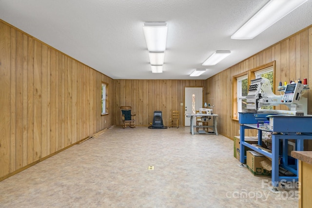 miscellaneous room featuring carpet flooring, a wood stove, a textured ceiling, and wooden walls