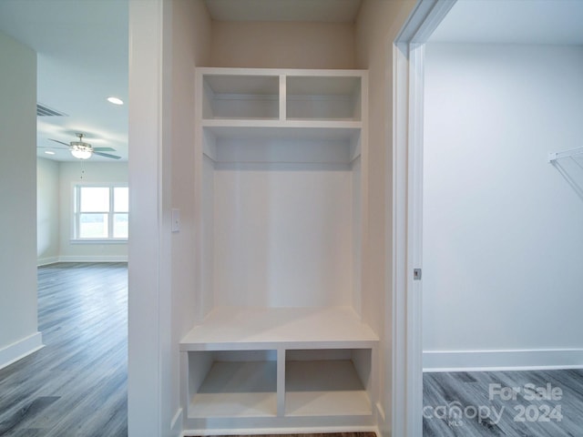 mudroom with hardwood / wood-style flooring and ceiling fan