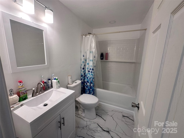 full bathroom featuring vanity, shower / bathtub combination with curtain, and toilet