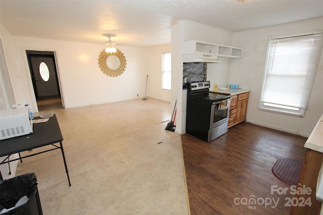 kitchen with electric range, dark hardwood / wood-style floors, a textured ceiling, and a wealth of natural light