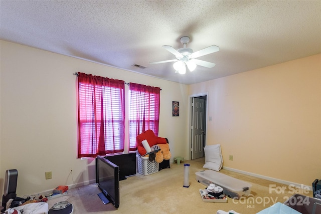 misc room with carpet flooring, ceiling fan, and a textured ceiling