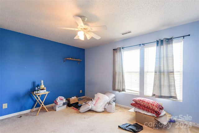 misc room featuring a textured ceiling, carpet floors, and ceiling fan