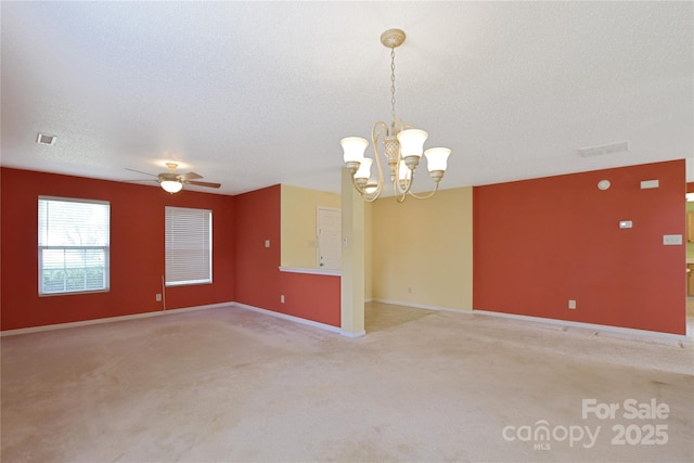 1114 Fenwick Ct, Clover, SC 29710 - spare room featuring visible vents, light carpet, baseboards, a textured ceiling, and ceiling fan with notable chandelier