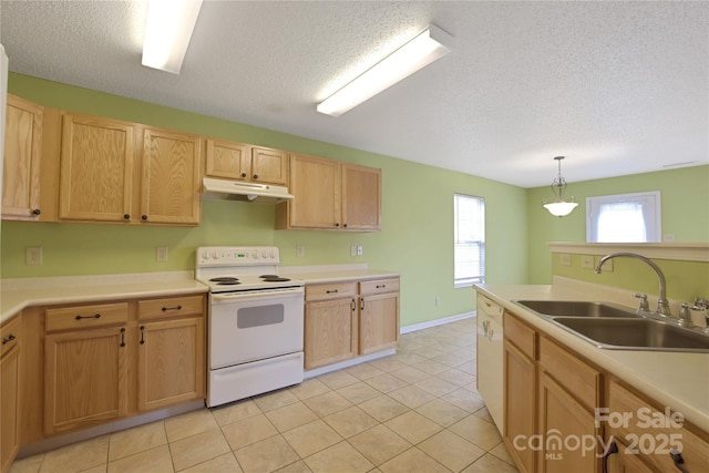 1114 Fenwick Ct, Clover, SC 29710 - kitchen featuring a sink, under cabinet range hood, white appliances, and a textured ceiling