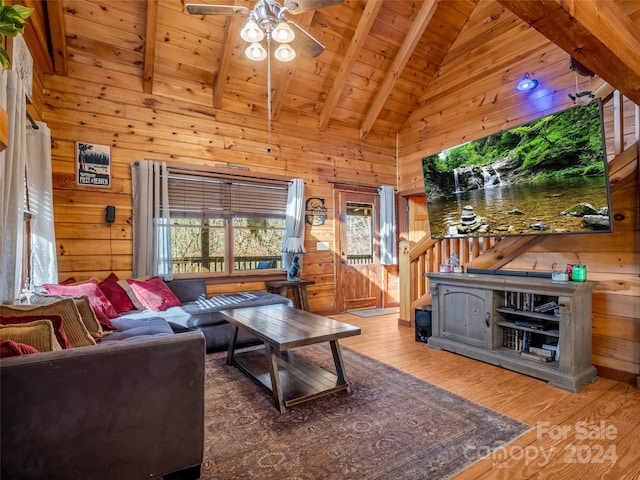 living room featuring wood walls, wooden ceiling, high vaulted ceiling, hardwood / wood-style flooring, and beamed ceiling