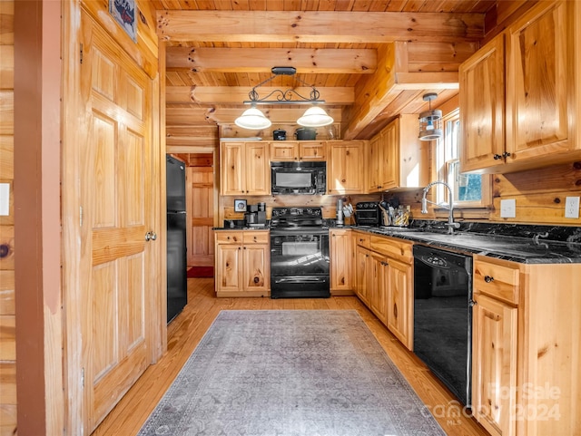 kitchen featuring wood ceiling, black appliances, pendant lighting, beam ceiling, and light hardwood / wood-style floors