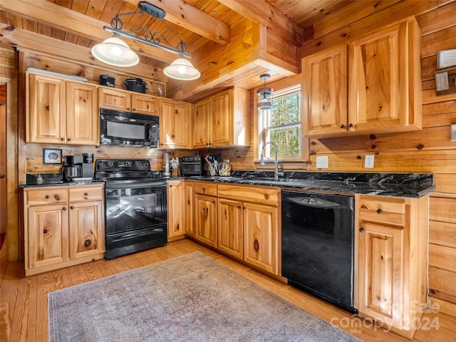 kitchen with black appliances, beam ceiling, decorative light fixtures, light hardwood / wood-style flooring, and wooden ceiling