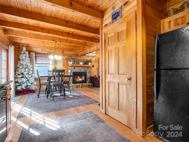 unfurnished dining area featuring wood ceiling, beam ceiling, hardwood / wood-style floors, a stone fireplace, and wood walls