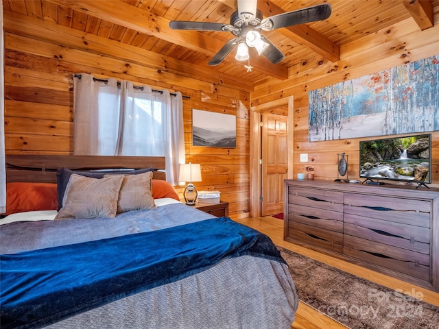 bedroom with beam ceiling, ceiling fan, wooden ceiling, wooden walls, and light wood-type flooring