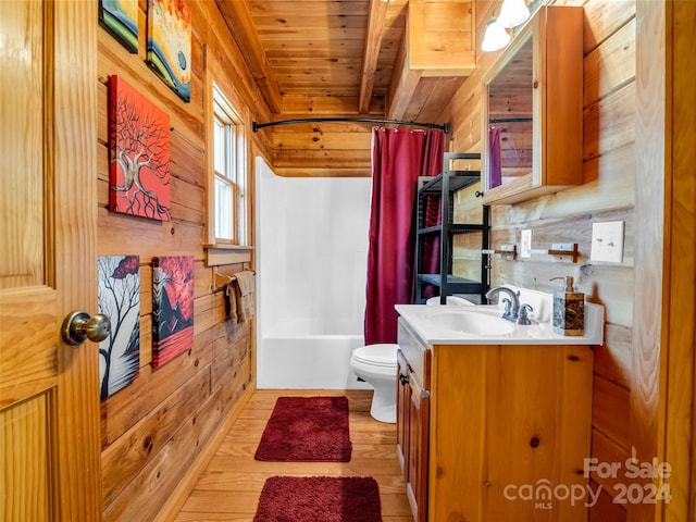 full bathroom featuring wood-type flooring, toilet, wooden walls, wood ceiling, and shower / tub combo