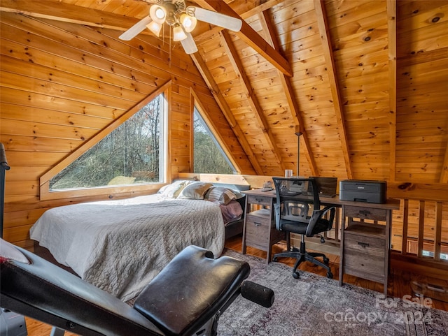 bedroom with vaulted ceiling with beams, ceiling fan, wooden ceiling, and wooden walls