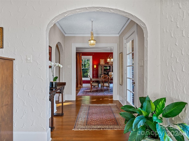 foyer entrance featuring hardwood / wood-style floors, ornamental molding, and a textured ceiling