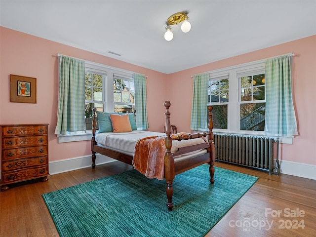 bedroom with multiple windows, wood-type flooring, and radiator